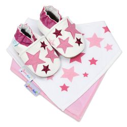 Dotty Fish baby gift set including white leather shoes with pink stars, a pink cotton bib and a pink star cotton bib.