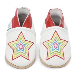 White leather Dotty Fish soft sole baby and toddler first walker shoes for boys and girls, with red ankle trim and rainbow embroidered star design.