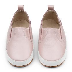 Pink leather Dotty Fish baby and toddler rubber sole slip-on shoes.