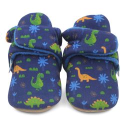Navy cotton Dotty Fish baby soft sole booties with blue fleece lining and colourful dinosaur pattern.