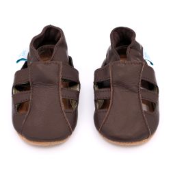 Brown leather Dotty Fish baby and toddler first walker soft sole sandals for boys and girls.