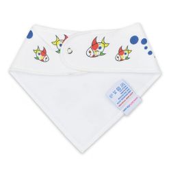 White fleece backing of fish pattern cotton Dotty Fish bandana bib, for infant girls and boys.