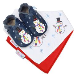 Dotty Fish baby Christmas gift set including navy leather snowman shoes, a red cotton bib and a snowman pattern cotton bib.
