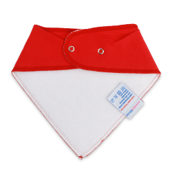 White fleece backing of plain bright red cotton Dotty Fish bandana bib, for infant girls and boys.