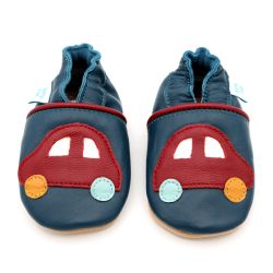 Navy leather Dotty Fish soft sole baby and toddler boy’s shoes with red car design.