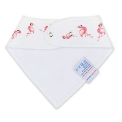 White fleece backing of cotton Dotty Fish pink flamingo bandana bib, for infant girls and boys.