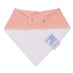 White fleece backing of peachy pink cotton Dotty Fish bandana bib, for infant girls and boys.