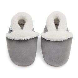 Pale grey suede Dotty Fish baby and children’s soft sole slippers with fleece lining.