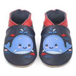 Navy leather Dotty Fish soft sole baby and toddler first walker shoes for boys and girls, with red ankle trim and blue whale design.