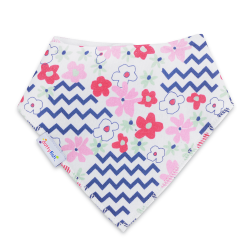 Dotty Fish baby and toddler white cotton bandana bib with blue zigzag pattern and pink and red flowers.