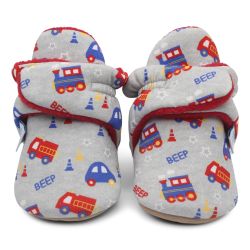 Grey cotton Dotty Fish baby soft sole booties with red fleece lining and vehicle pattern.