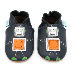 Navy leather Dotty Fish soft sole baby and toddler boy’s shoes with silver and orange robot design.