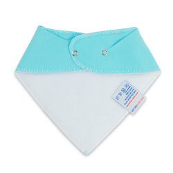 White fleece backing of turquoise blue cotton Dotty Fish bandana bib, for infant girls and boys.
