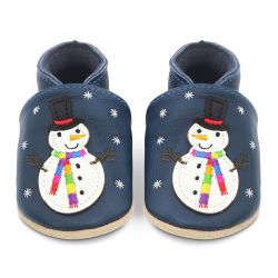Navy leather Dotty Fish soft sole baby and toddler first walker shoes for boys and girls, with white snowman wearing black hat and embroidered rainbow scarf design.