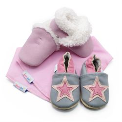 Dotty Fish baby gift set including pink suede slippers, grey leather star shoes and two light pink cotton bibs.