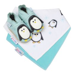 Dotty Fish baby gift set including leather penguin shoes and a turquoise cotton bib and a white with penguins cotton bib.