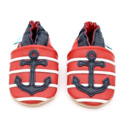 Red leather Dotty Fish soft sole baby and toddler boy’s shoes with white stripes, navy ankle trim and navy anchor design.
