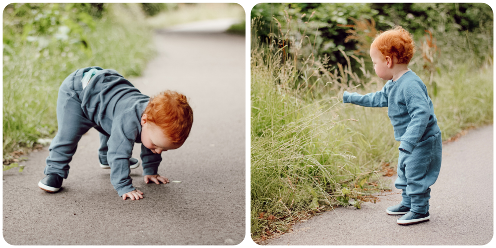 Toddler walking on path, wearing Dotty Fish rubber sole shoes for first walkers.